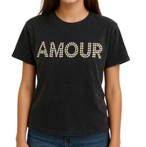 Forever 21 Kids Black Tie Dye Amour Rhinstone Pearl T-shirt Size 9/10